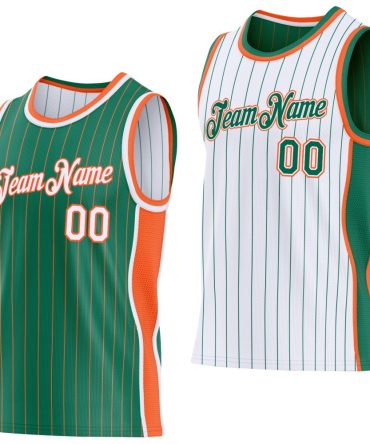 Custom Kelly Green Orange Pinstripe-White Side Panels Reversible Double Side Basketball Jersey, Gift For Basketball Fans