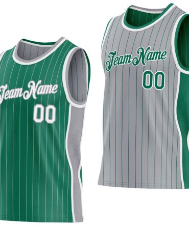 Custom Kelly Green Gray Pinstripe-White Side Panels Reversible Double Side Basketball Jersey, Gift For Basketball Fans