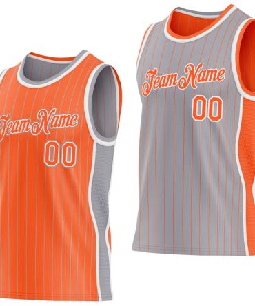 Custom Orange Gray Pinstripe-White Side Panels Reversible Double Side Basketball Jersey, Gift For Basketball Fans
