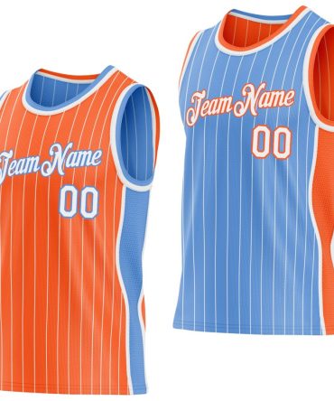 Custom Orange White Pinstripe-Light Blue Side Panels Reversible Double Side Basketball Jersey, Gift For Basketball Fans