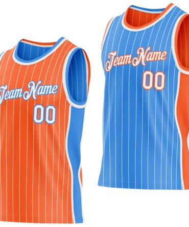 Custom Orange White Pinstripe-Powder Blue Side Panels Reversible Double Side Basketball Jersey, Gift For Basketball Fans