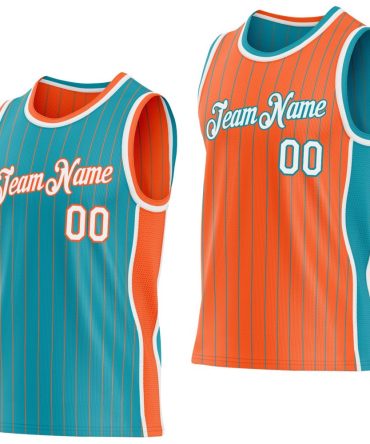 Custom Teal Orange Pinstripe-White Side Panels Reversible Double Side Basketball Jersey, Gift For Basketball Fans