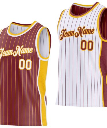 Custom Burgundy Gold Pinstripe-White Side Panels Reversible Double Side Basketball Jersey, Gift For Basketball Fans