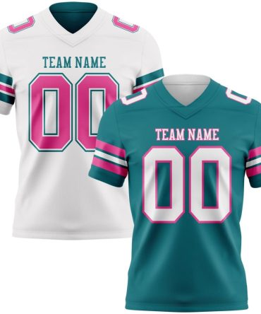 Custom Teal White-Pink Reversible Double Side Authentic Football Jersey, Gift For Football Fans
