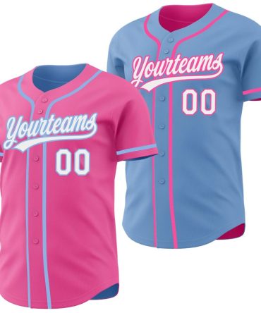 Custom Pink White-Light Blue Reversible Button-Down Baseball Jersey, Gift For Baseball Fans