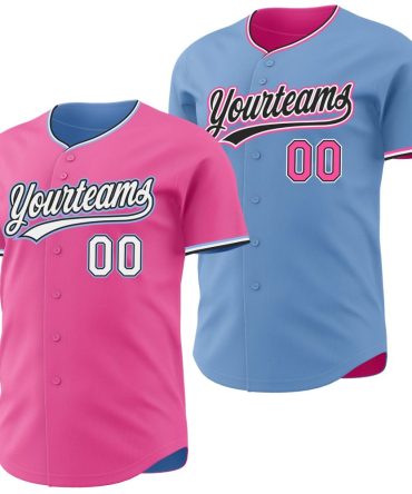 Custom Pink White Black-Light Blue Reversible Button-Down Baseball Jersey, Gift For Baseball Fans