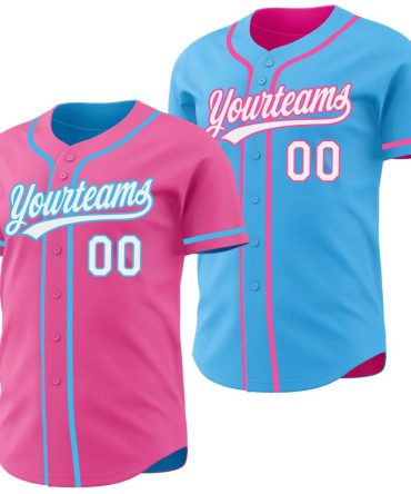 Custom Pink White-Sky Blue Reversible Button-Down Baseball Jersey, Gift For Baseball Fans
