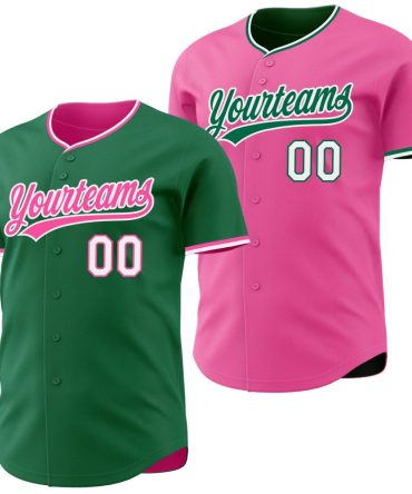 Custom Kelly Green Pink-White Reversible Button-Down Baseball Jersey, Gift For Baseball Fans