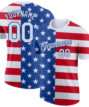 Custom Royal White-Red 3D American Flag Performance T-Shirt, For Football, Baseball, Hockey, Basketball, Softball & Rugby Fans