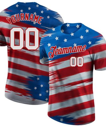 Custom Royal White-Red 3D American Flag Performance T-Shirt, For Football, Baseball, Hockey, Basketball, Softball & Rugby Fans