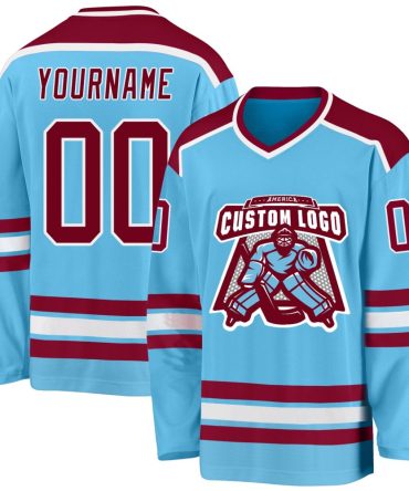 Custom Sky Blue Maroon-White Hockey Jersey, Gift For Hockey Fans