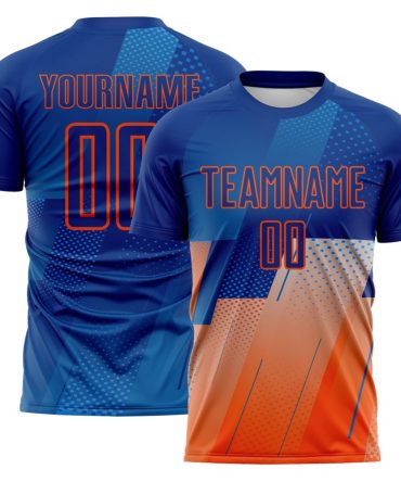 Custom Royal Blue-Orange Geometric Diagonal Block Halftone Grid Soccer Uniform Jersey, Gift For Basketball Fans