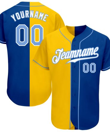 Custom Royal Light Blue-Yellow Split Fashion Baseball Jersey, Gift For Baseball Fans