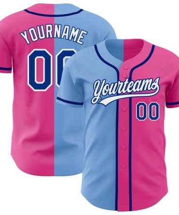 Custom Pink Royal-Light Blue Split Fashion Baseball Jersey, Gift For Baseball Fans