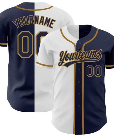 Custom Navy Navy White-Old Gold Split Fashion Baseball Jersey, Gift For Baseball Fans