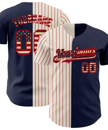 Custom Navy Vintage Usa Flag Cream-Red Pinstripe Split Fashion Baseball Jersey, Gift For Baseball Fans