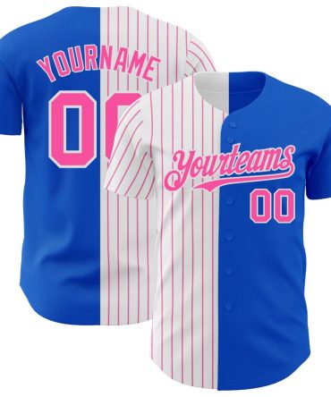 Custom Thunder Blue White-Pink Pinstripe Split Fashion Baseball Jersey, Gift For Baseball Fans