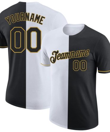 Custom Black White-Old Gold Split Fashion Performance T-Shirt, For Football, Baseball, Hockey, Basketball, Softball & Rugby Fans