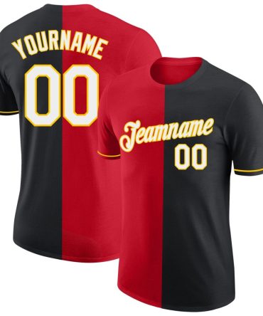 Custom Black Red-Yellow Split Fashion Performance T-Shirt, For Football, Baseball, Hockey, Basketball, Softball & Rugby Fans