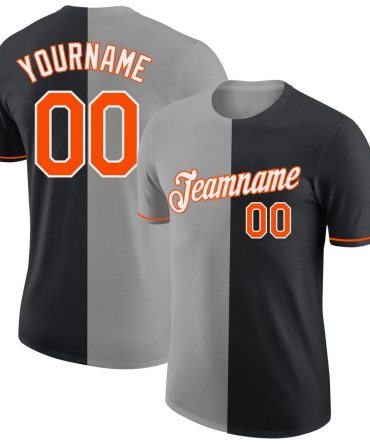 Custom Black Orange-Gray Split Fashion Performance T-Shirt, For Football, Baseball, Hockey, Basketball, Softball & Rugby Fans