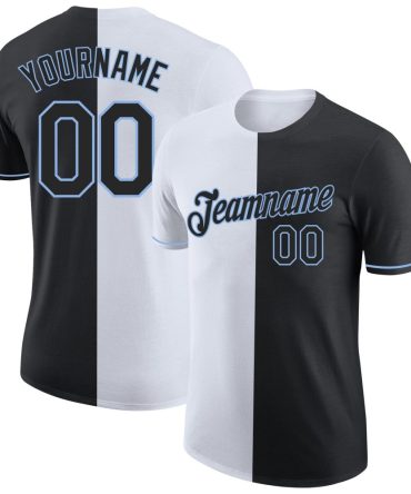 Custom Black White-Light Blue Split Fashion Performance T-Shirt, For Football, Baseball, Hockey, Basketball, Softball & Rugby Fans