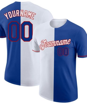 Custom Royal White-Red Split Fashion Performance T-Shirt, For Football, Baseball, Hockey, Basketball, Softball & Rugby Fans