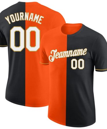 Custom Black Orange-Old Gold Split Fashion Performance T-Shirt, For Football, Baseball, Hockey, Basketball, Softball & Rugby Fans