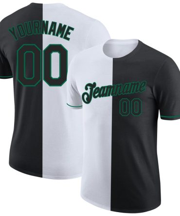 Custom Black White-Kelly Green Split Fashion Performance T-Shirt, For Football, Baseball, Hockey, Basketball, Softball & Rugby Fans