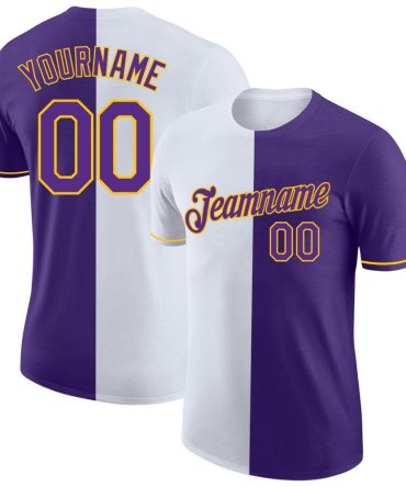 Custom Purple White-Yellow Split Fashion Performance T-Shirt, For Football, Baseball, Hockey, Basketball, Softball & Rugby Fans