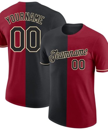 Custom Crimson Black-Cream Split Fashion Performance T-Shirt, For Football, Baseball, Hockey, Basketball, Softball & Rugby Fans
