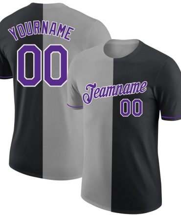 Custom Black Purple-Gray Split Fashion Performance T-Shirt, For Football, Baseball, Hockey, Basketball, Softball & Rugby Fans