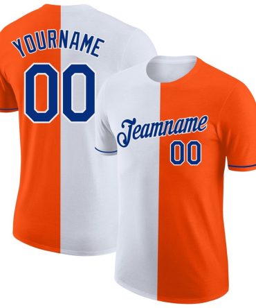 Custom Orange Royal-White Split Fashion Performance T-Shirt, For Football, Baseball, Hockey, Basketball, Softball & Rugby Fans