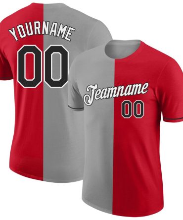 Custom Red Black-Gray Split Fashion Performance T-Shirt, For Football, Baseball, Hockey, Basketball, Softball & Rugby Fans