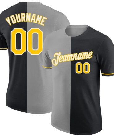 Custom Black Yellow-Gray Split Fashion Performance T-Shirt, For Football, Baseball, Hockey, Basketball, Softball & Rugby Fans