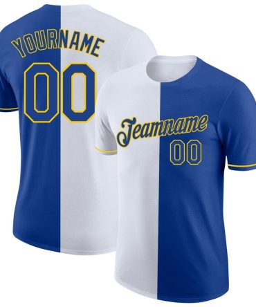 Custom Royal White-Yellow Split Fashion Performance T-Shirt, For Football, Baseball, Hockey, Basketball, Softball & Rugby Fans