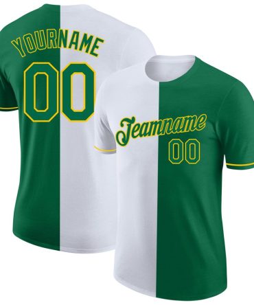 Custom Kelly Green White-Yellow Split Fashion Performance T-Shirt, For Football, Baseball, Hockey, Basketball, Softball & Rugby Fans