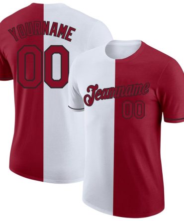 Custom Crimson White-Black Split Fashion Performance T-Shirt, For Football, Baseball, Hockey, Basketball, Softball & Rugby Fans