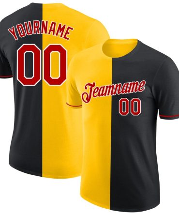 Custom Black Red-Yellow Split Fashion Performance T-Shirt, For Football, Baseball, Hockey, Basketball, Softball & Rugby Fans