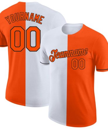 Custom Orange White-Black Split Fashion Performance T-Shirt, For Football, Baseball, Hockey, Basketball, Softball & Rugby Fans