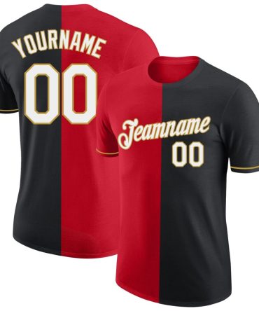 Custom Black Red-Old Gold Split Fashion Performance T-Shirt, For Football, Baseball, Hockey, Basketball, Softball & Rugby Fans