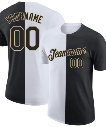 Custom Black White-Vegas Gold Split Fashion Performance T-Shirt, For Football, Baseball, Hockey, Basketball, Softball & Rugby Fans