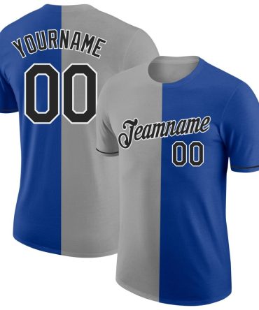 Custom Royal Black-Gray Split Fashion Performance T-Shirt, For Football, Baseball, Hockey, Basketball, Softball & Rugby Fans