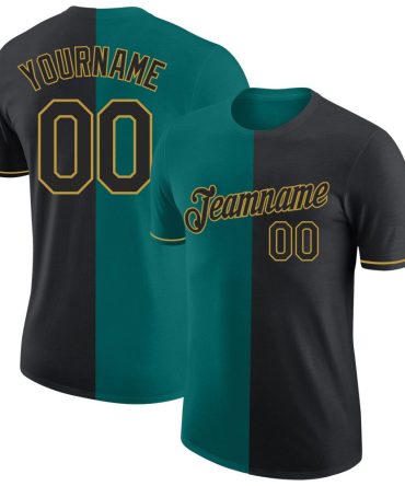 Custom Black Teal-Old Gold Split Fashion Performance T-Shirt, For Football, Baseball, Hockey, Basketball, Softball & Rugby Fans