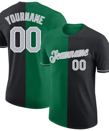 Custom Black Gray-Kelly Green Split Fashion Performance T-Shirt, For Football, Baseball, Hockey, Basketball, Softball & Rugby Fans
