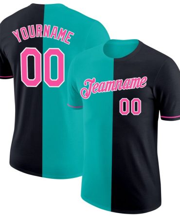 Custom Black Pink-Aqua Split Fashion Performance T-Shirt, For Football, Baseball, Hockey, Basketball, Softball & Rugby Fans