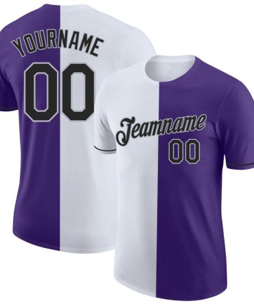 Custom Purple Black-Gray Split Fashion Performance T-Shirt, For Football, Baseball, Hockey, Basketball, Softball & Rugby Fans