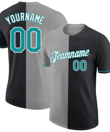 Custom Black Teal-Gray Split Fashion Performance T-Shirt, For Football, Baseball, Hockey, Basketball, Softball & Rugby Fans