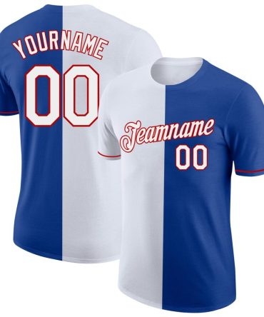 Custom Royal White-Red Split Fashion Performance T-Shirt, For Football, Baseball, Hockey, Basketball, Softball & Rugby Fans