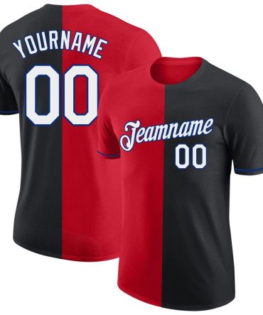 Custom Black Red-Royal Split Fashion Performance T-Shirt, For Football, Baseball, Hockey, Basketball, Softball & Rugby Fans