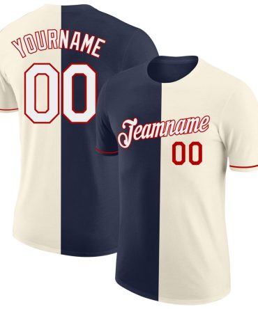 Custom Cream White Navy-Red Split Fashion Performance T-Shirt, For Football, Baseball, Hockey, Basketball, Softball & Rugby Fans